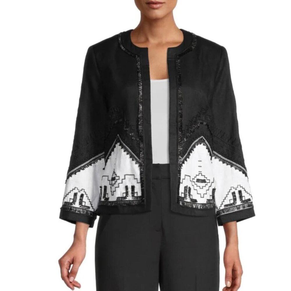 Kobi Halperin Clara Embroidered 100% Linen Collarless Jacket Size L career artsy